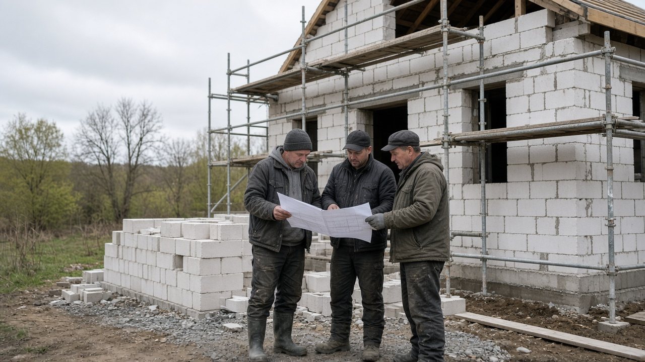 Частная бригада обсуждает чертежи у строящегося дома из газобетона