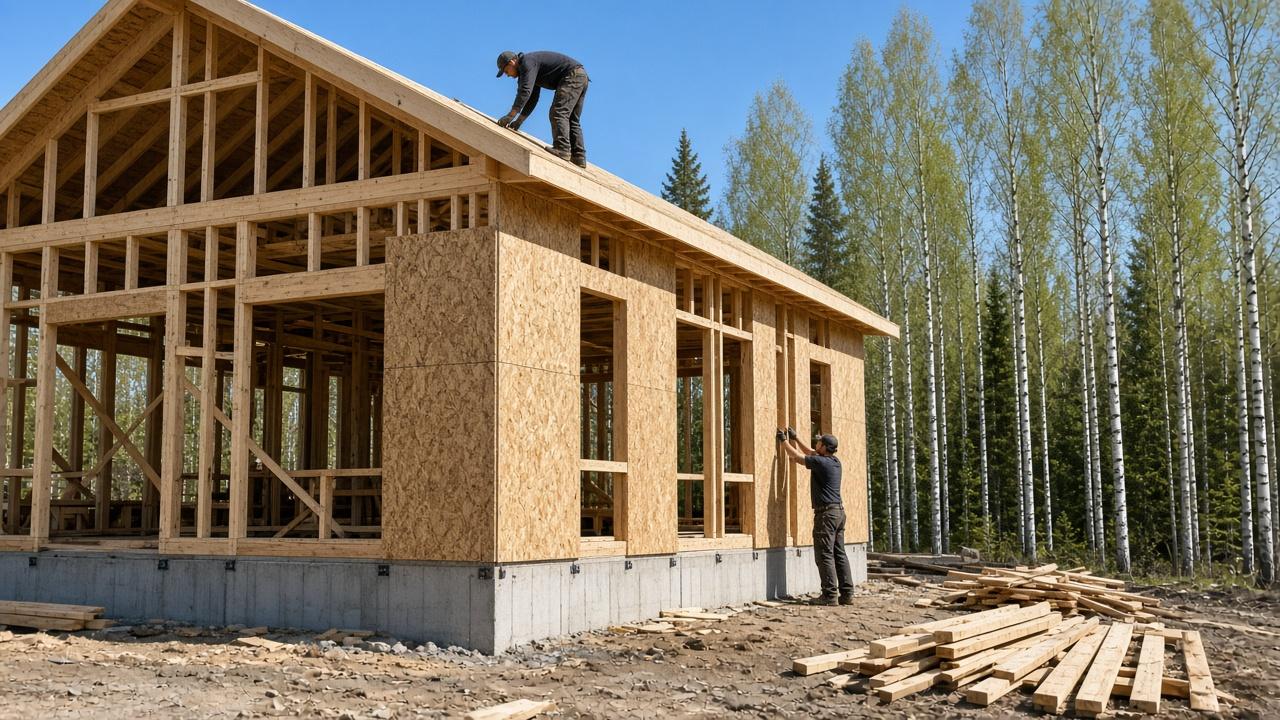 Каркасный дом в процессе строительства, стены обшиты OSB