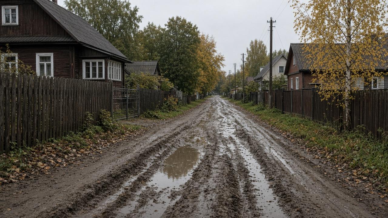 Разбитая грунтовая дорога в загородном посёлке осенью