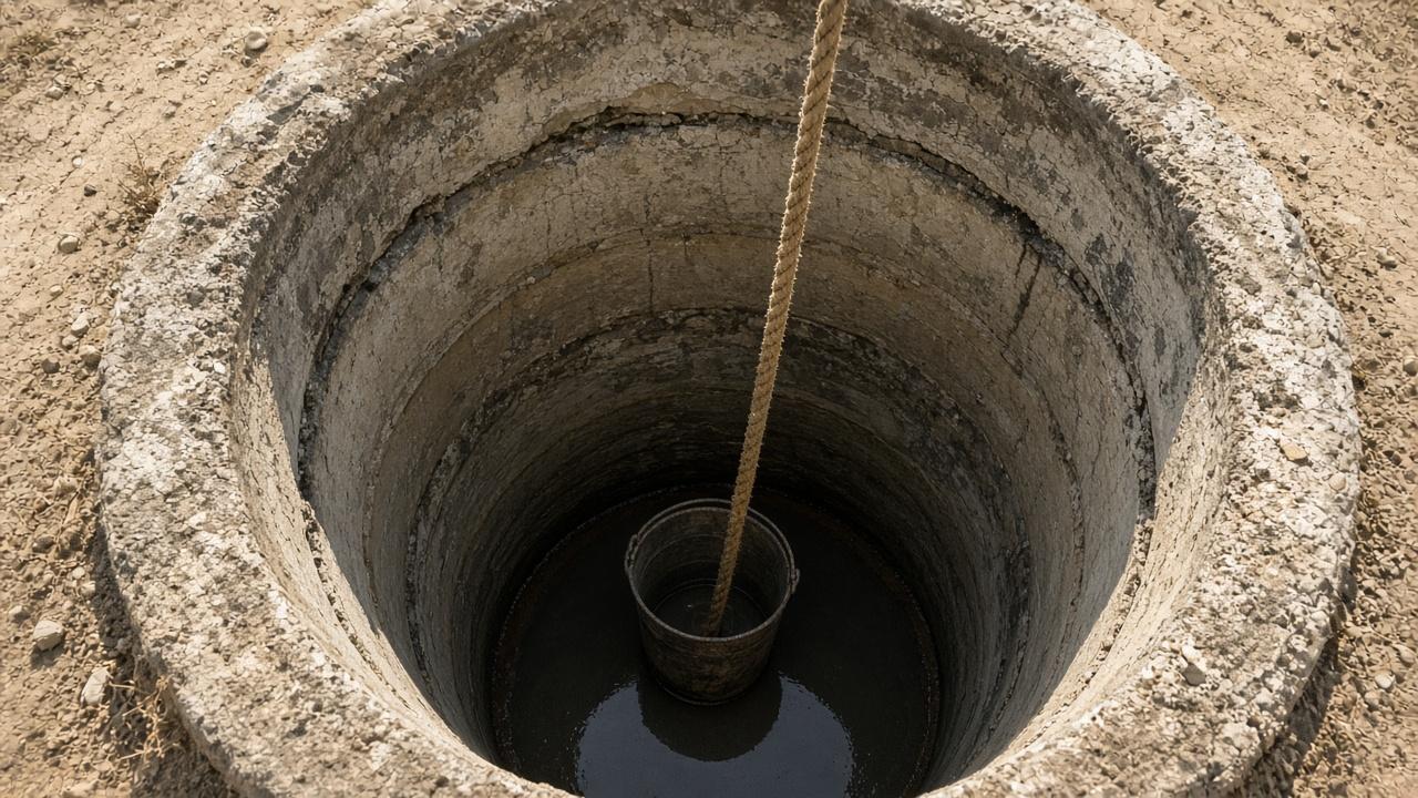Низкий уровень воды на дне колодца из бетонных колец летом