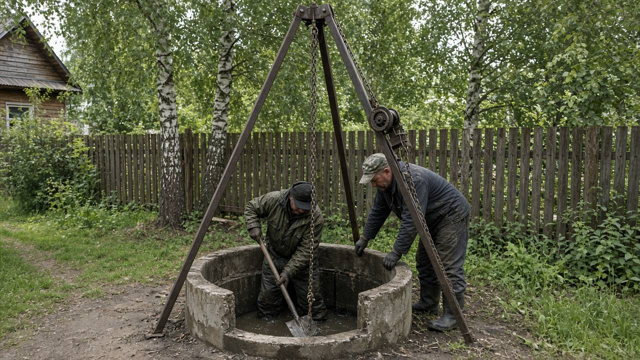 Бригада углубляет колодец из бетонных колец на дачном участке