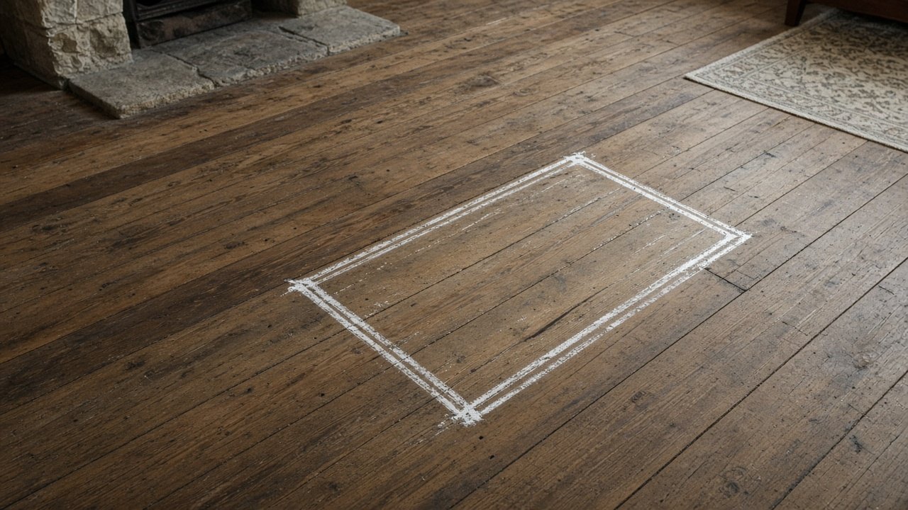 Реалистичное фото деревянного пола в загородном доме, на котором видна одна выделяющаяся половица в зоне ремонта