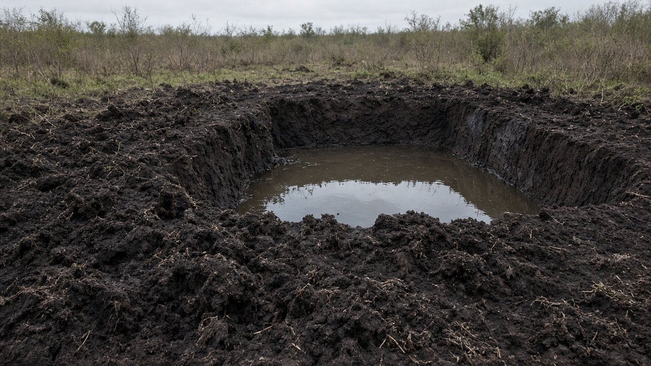 Реалистичное фото участка с торфяной почвой и водой в яме, выкопанной под фундамент, без людей и текста