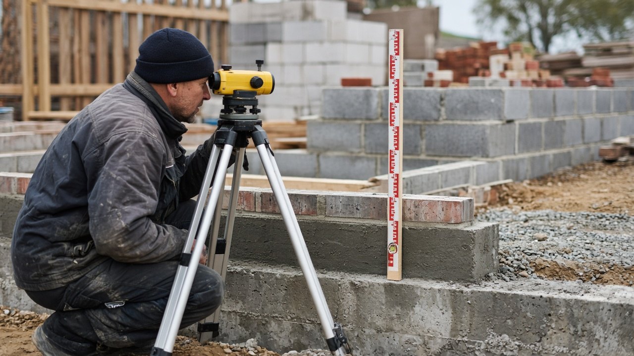 Реалистичное фото проверки высоты цоколя нивелиром и рулеткой на строительной площадке