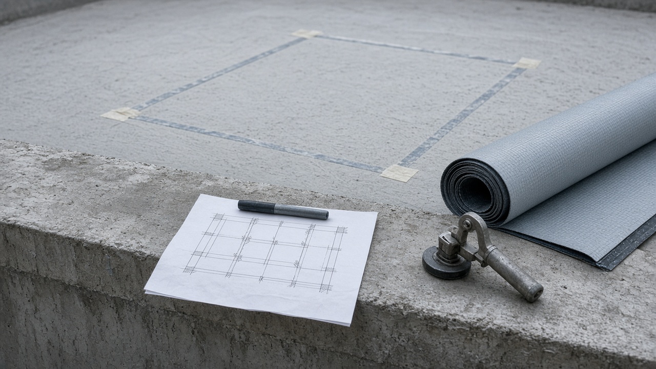 План с галочками, отмеченный люк и рулон мембраны у чаши