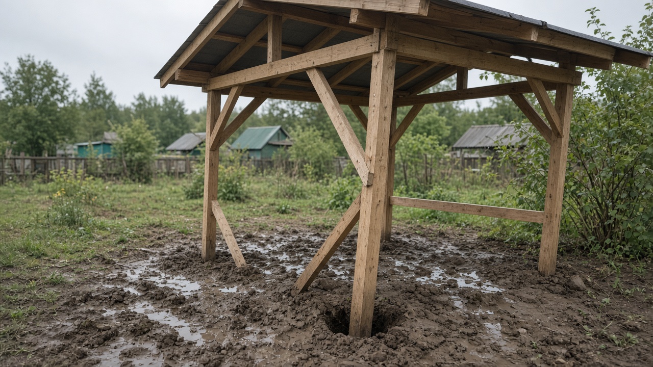 Столб беседки уходит в мягкий грунт без пяты
