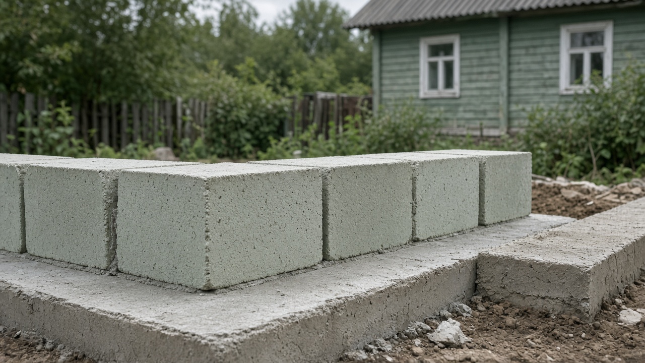 Первый ряд газоблока без гидроизоляции