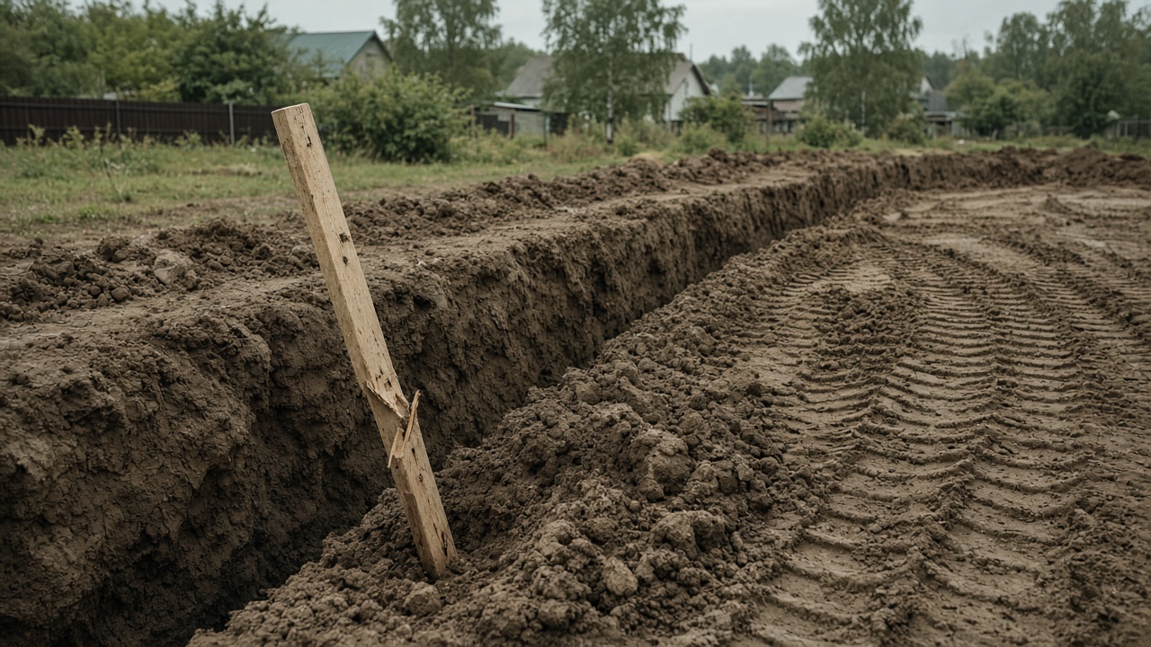 Сбитый кол разметки у края свежего котлована