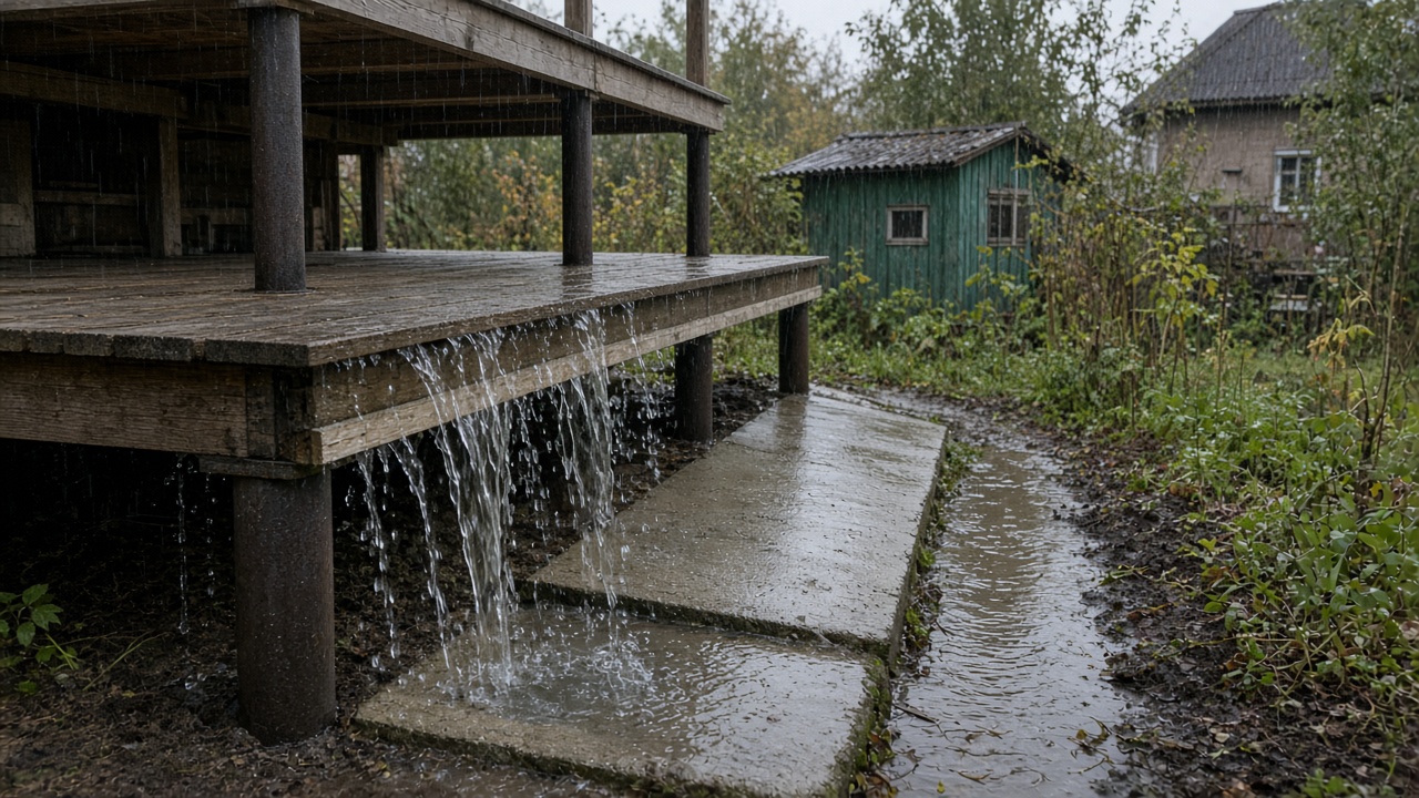 Вода стекает с террасы на отмостку