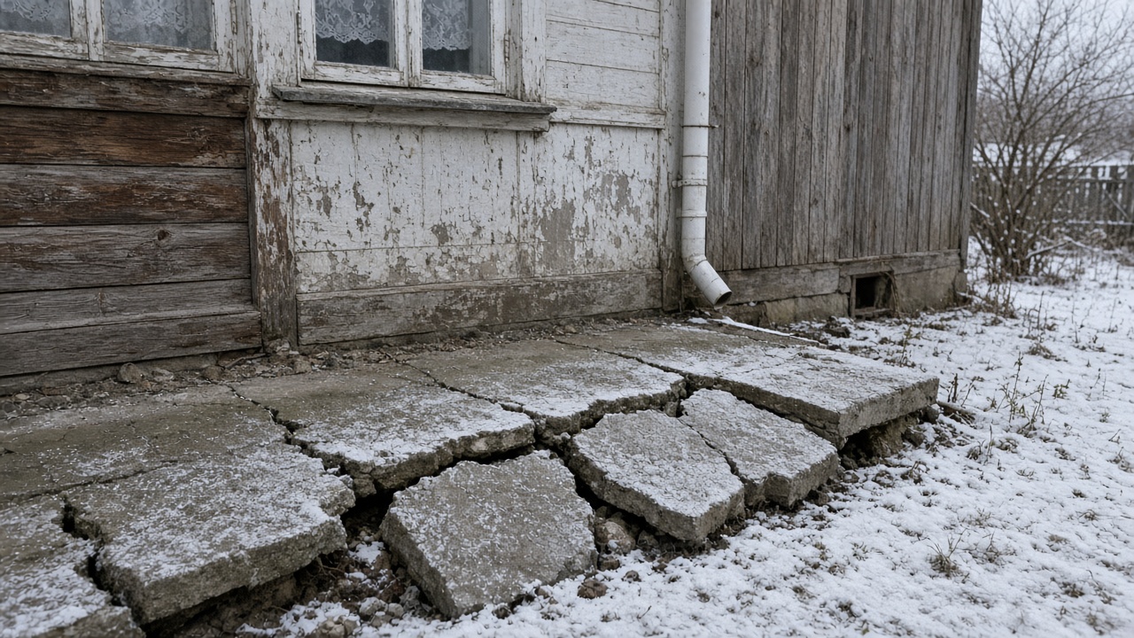Поднятая отмостка у фундамента зимой