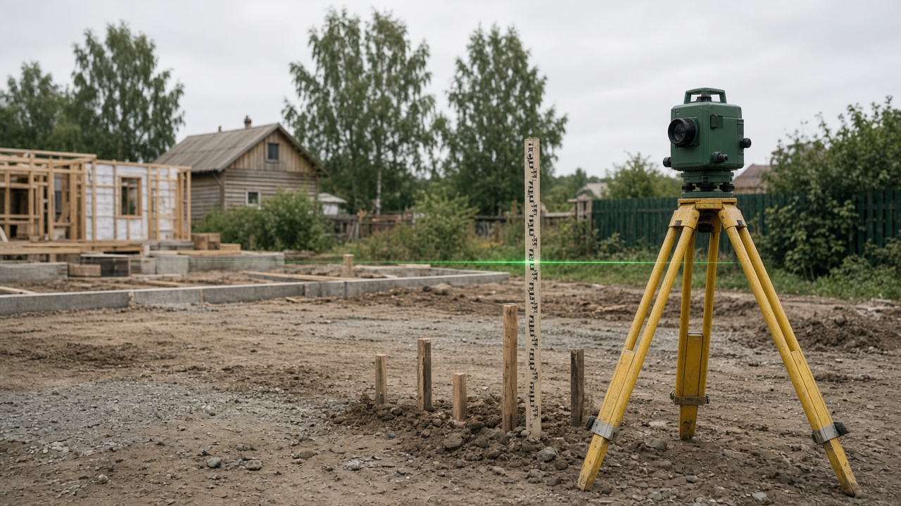 Лазерный нивелир и приёмная рейка на участке