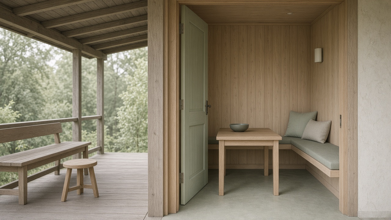 Небольшая комната отдыха у бани и крыльцо как альтернатива