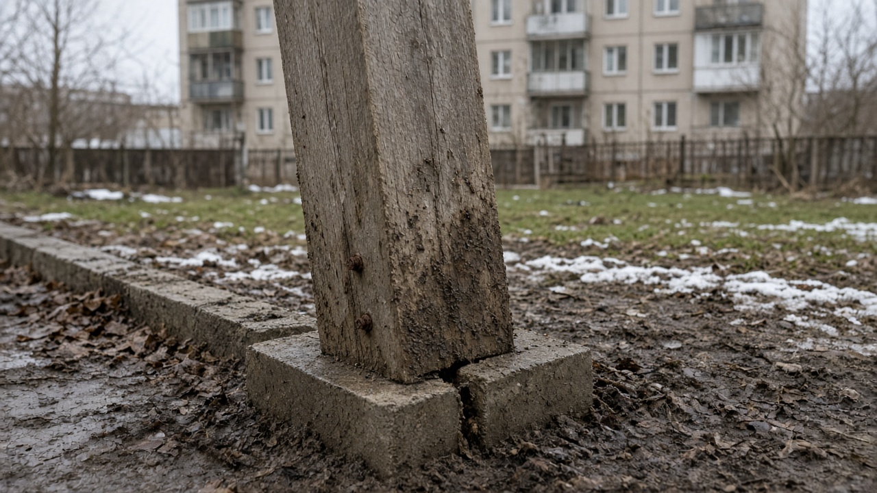Кривой столб со щелью у пятки и ржавыми тонкими саморезами