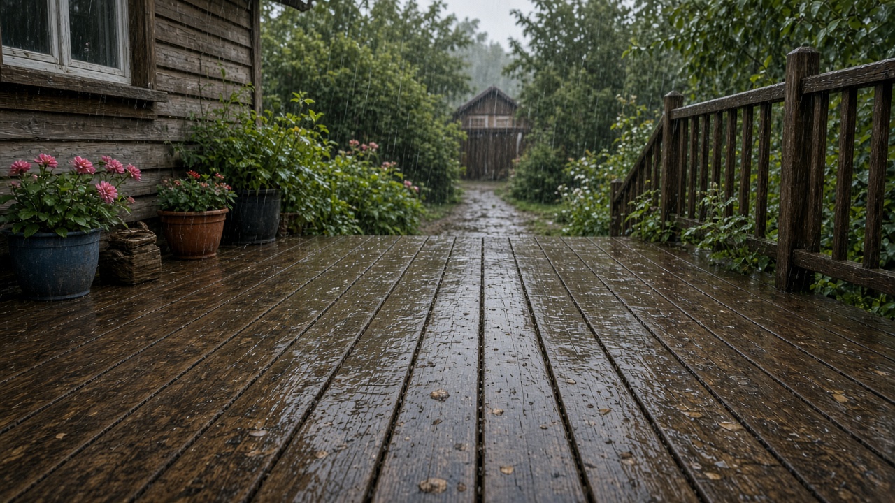 Вода стекает с террасы после дождя